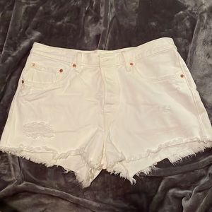 Distressed white button fly Levi 501 Jean shorts